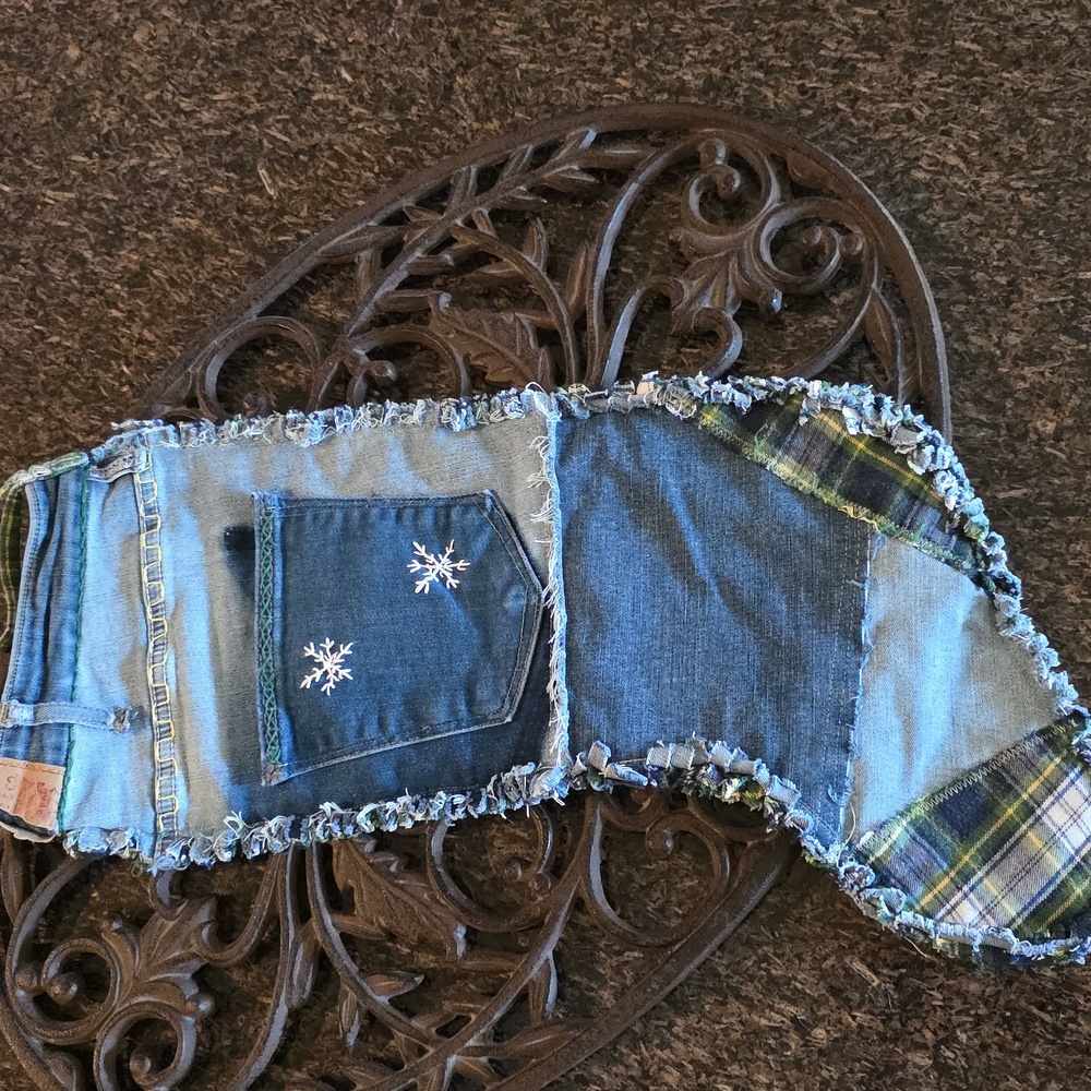 HAND CRAFTED Christmas Stocking UPCYCLED Flannel Fabric Denim Blue Jeans - Picture 9 of 12